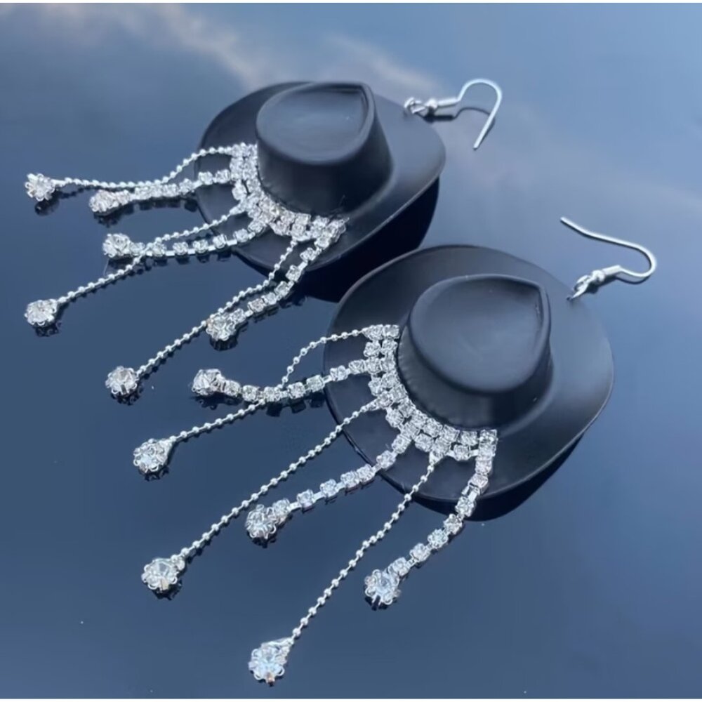 Rhinestone Black Cowboy Hat Dangle Earrings Western Cowgirl Statement Earrings